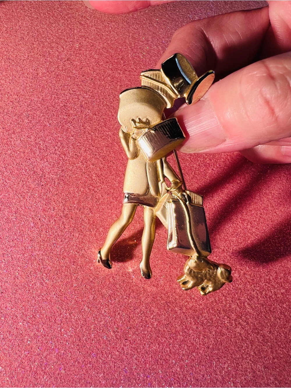 Gold-tone Vintage Woman with Dog Brooch EXCELLENT condition